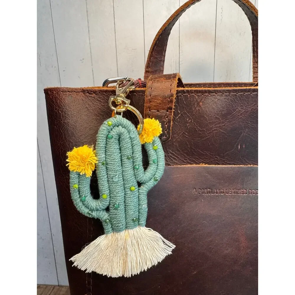 Beaded Cactus Macrame Keychain Purse Charm Boho Green Keychain Yellow Pom Charm